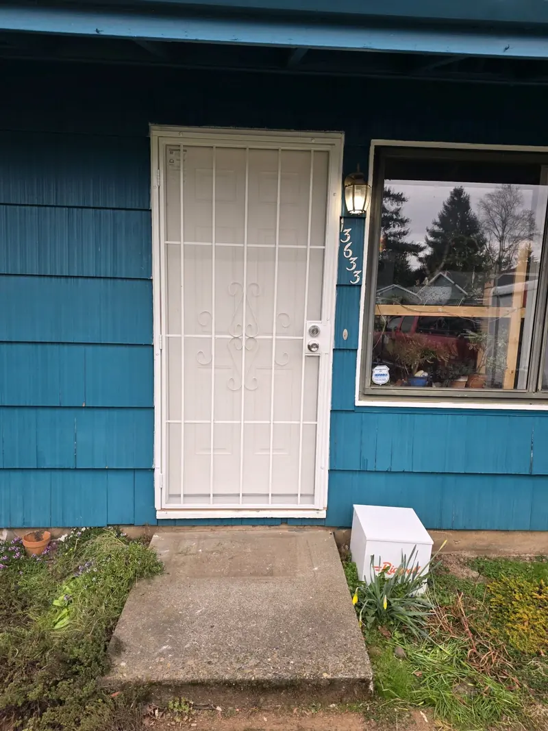 Front entry of a blue-sided house with a white security door and a concrete step