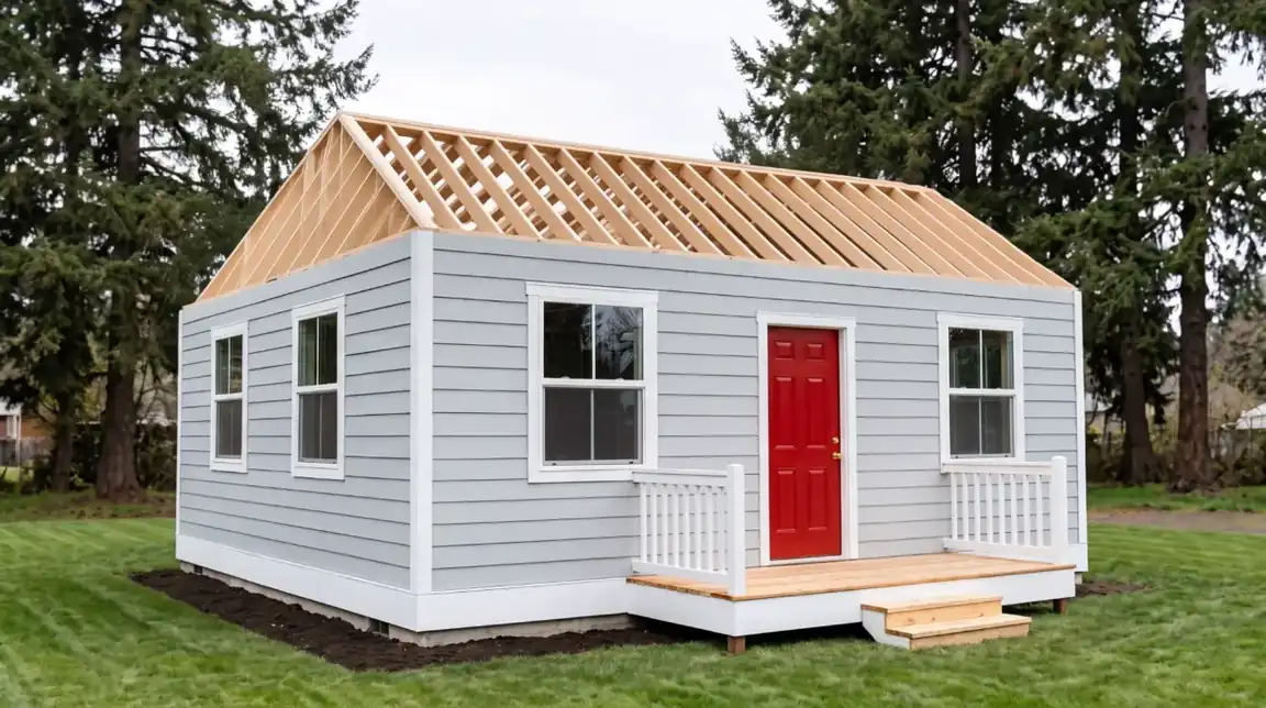 Illustration: new rafters set on the walls of a small house