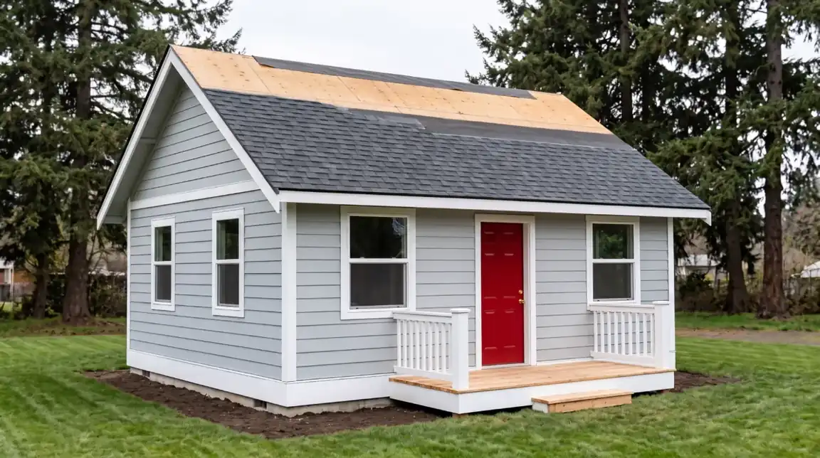 Illustration: asphalt shingles going on over new roof sheathing